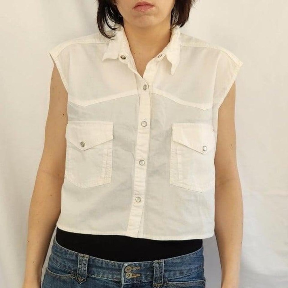 90s White Sleeveless Cropped Shirt